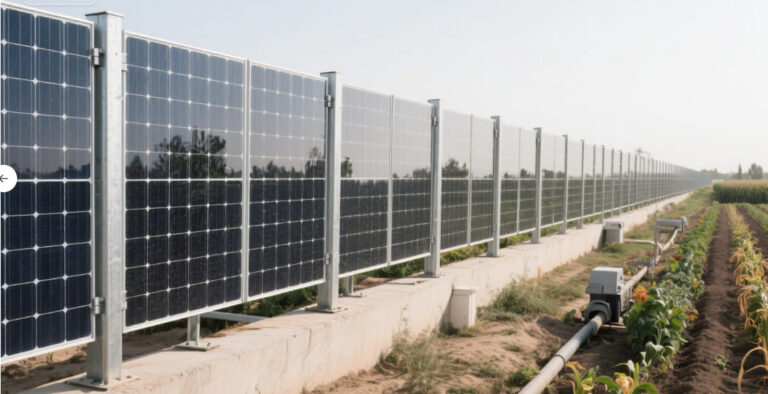 Showing examples of “Solar Panel Fence” that generates electricity and protects from wind.