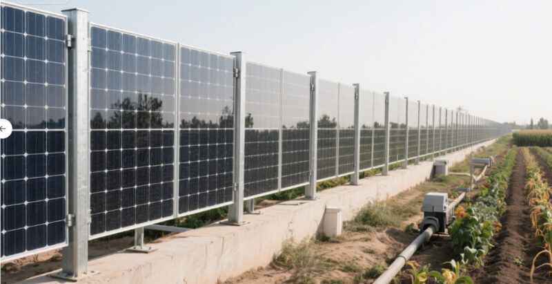 Showing examples of “Solar Panel Fence” that generates electricity and protects from wind.